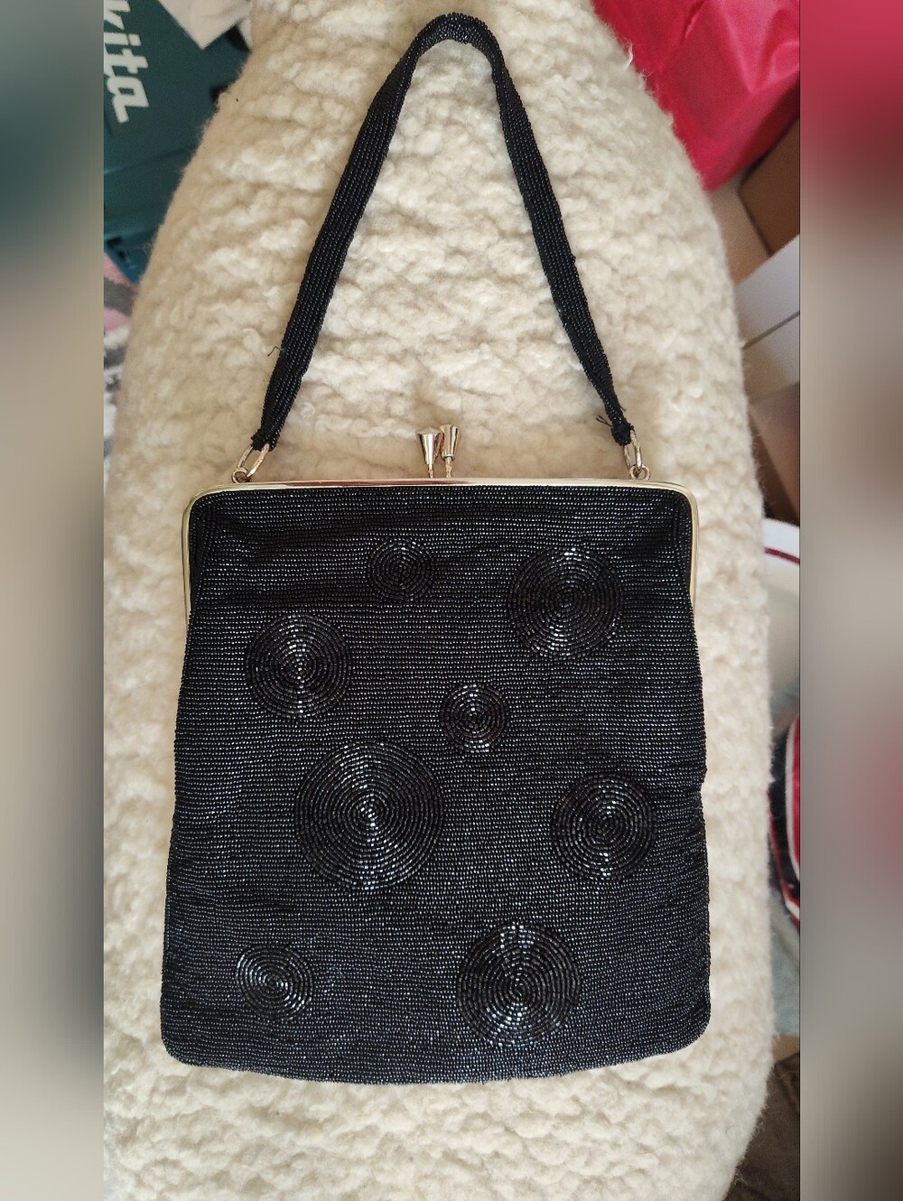 Vintage MCM Black & Gold Beaded Evening Handbag Purse Clutch Circular Pattern